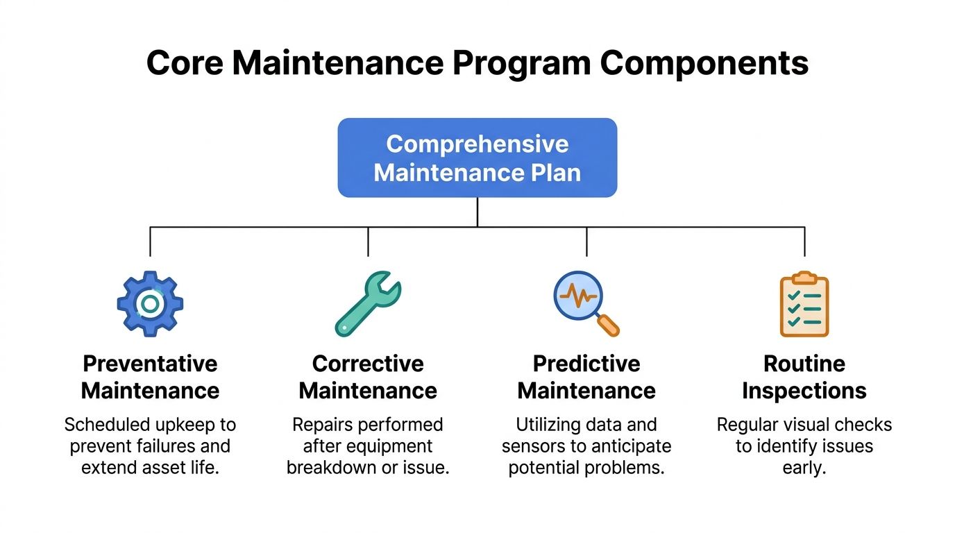 A diagram outlining the four core components of a comprehensive maintenance plan: preventative, corrective, predictive, and routine.