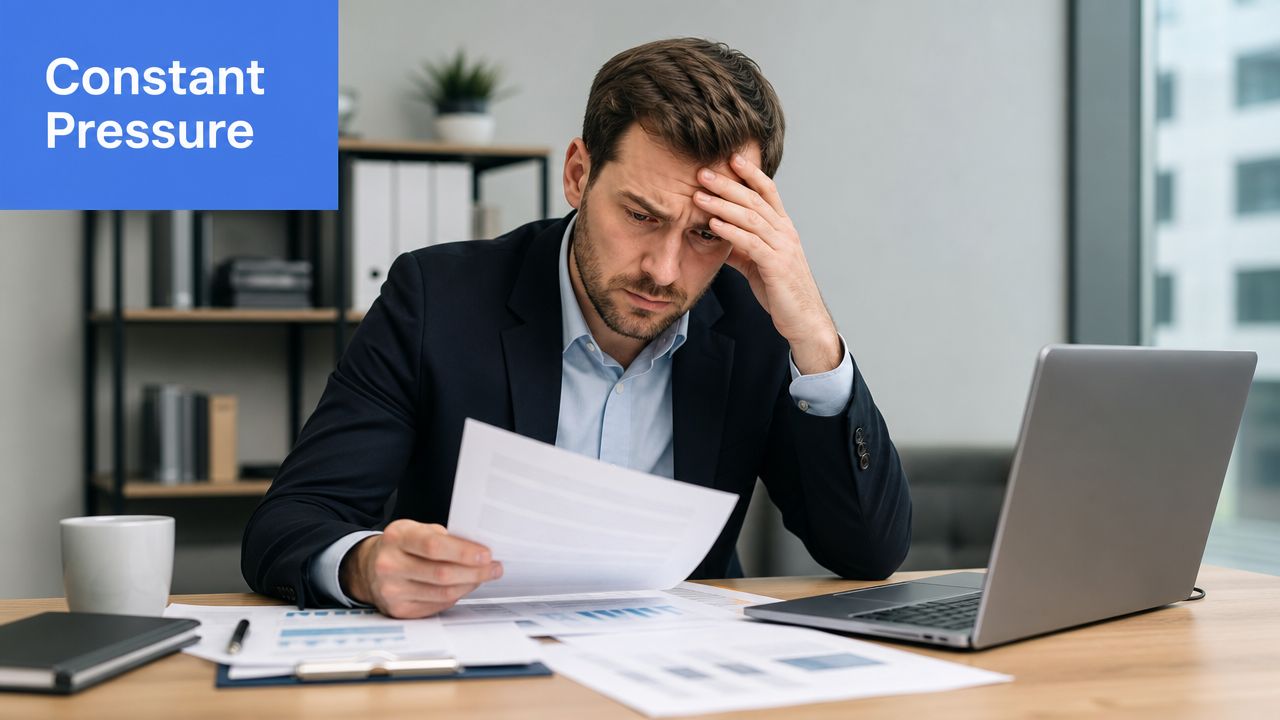 A stressed businessman in a suit sitting at his desk looking at documents with his hand on his head.