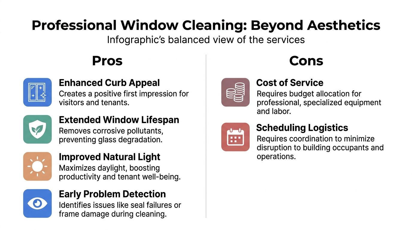 An infographic comparing the pros and cons of professional commercial building window cleaning services.