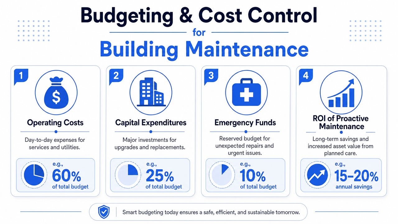 An infographic showing four key components of budgeting and cost control for commercial building maintenance services.