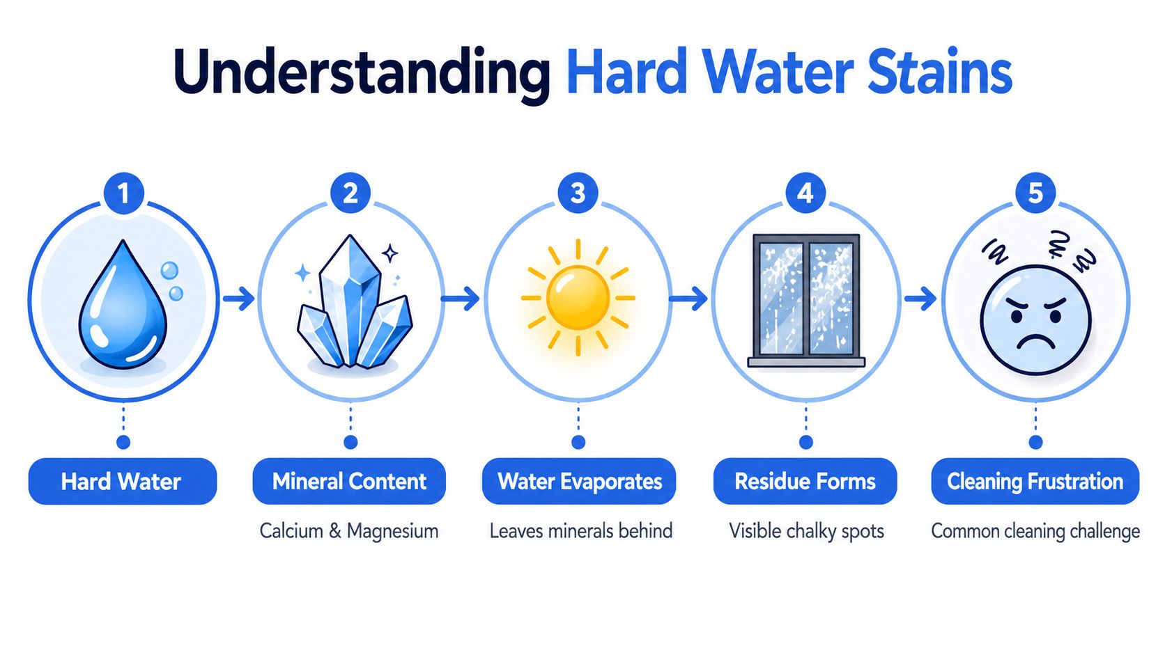 An infographic showing the five-step process of how hard water stains form on surfaces over time.