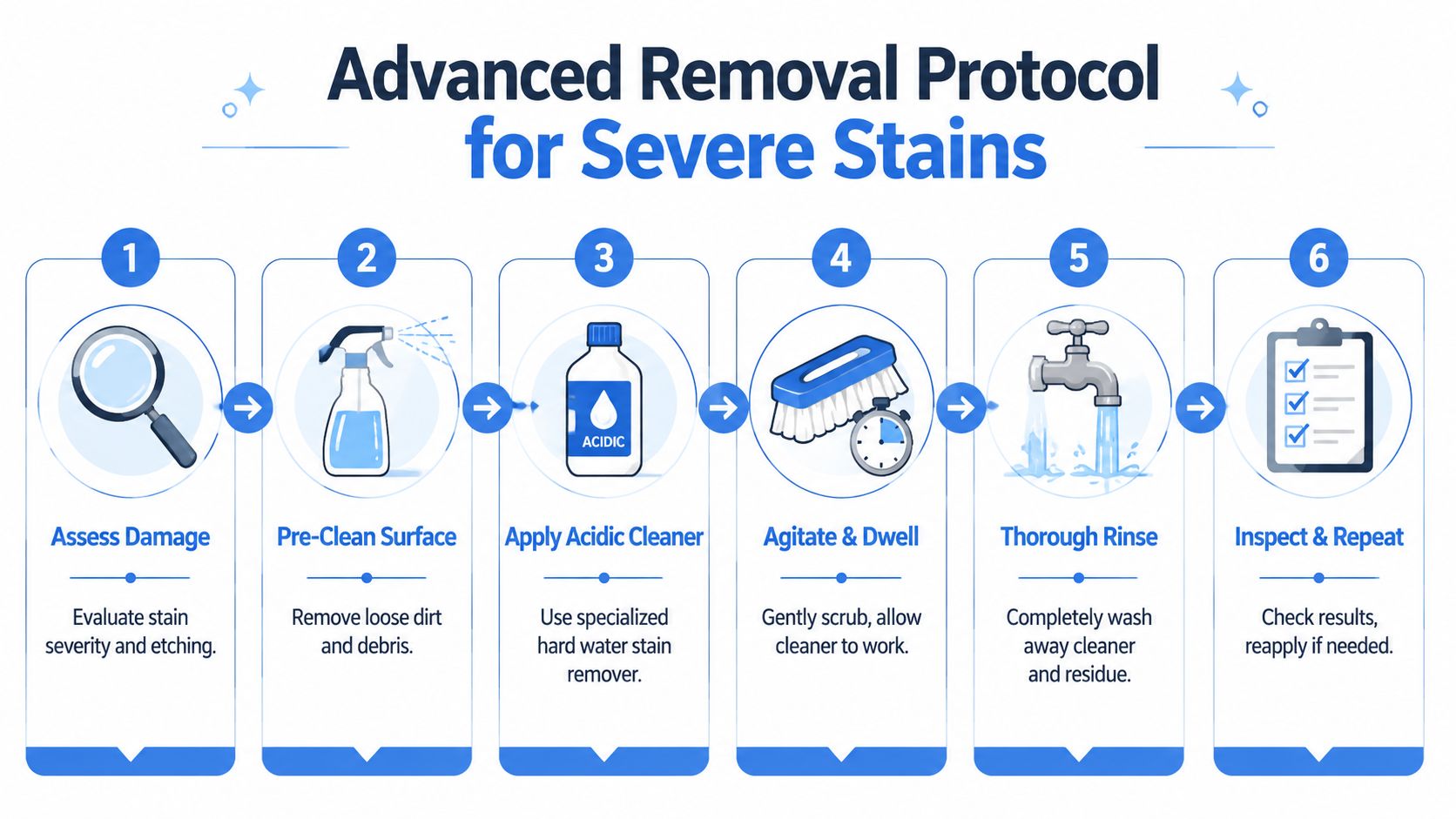 A six-step infographic detailing the advanced removal protocol for cleaning severe hard water stains from surfaces.