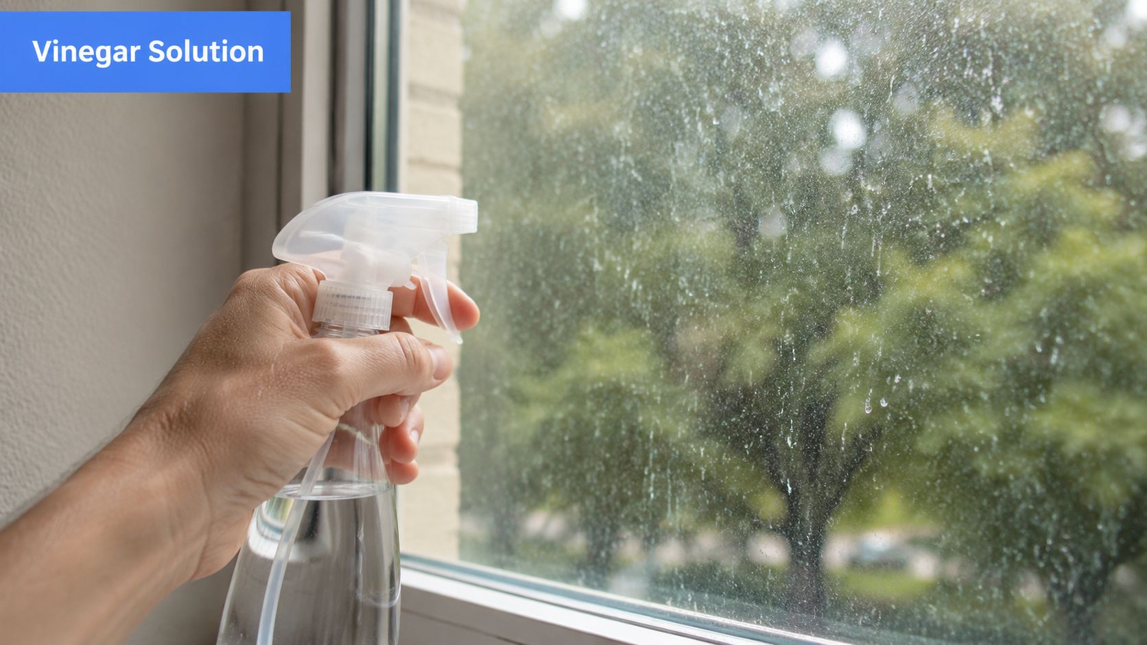 A hand holding a spray bottle with vinegar solution to clean hard water stains off a window.