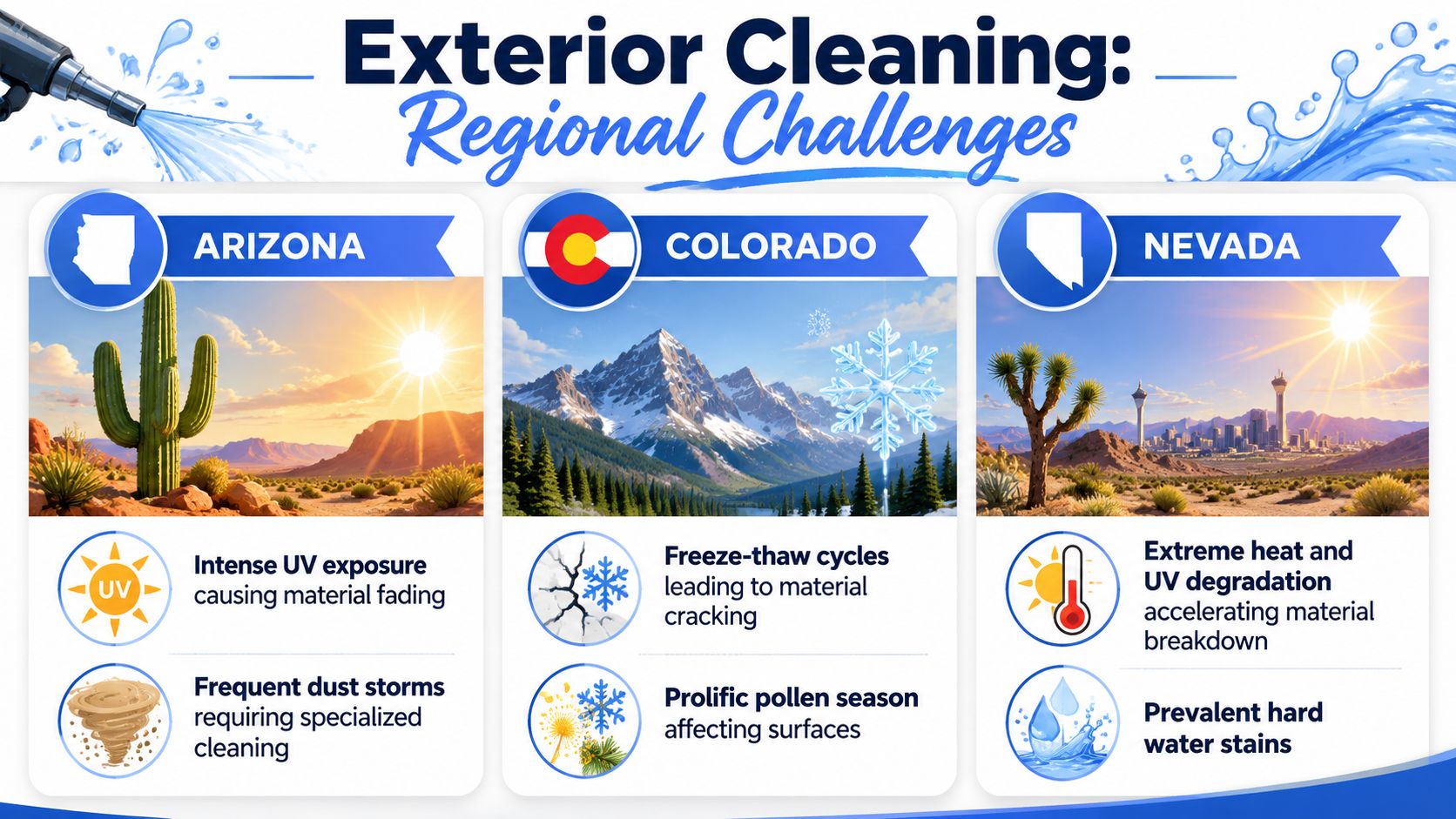 An infographic showing environmental exterior cleaning challenges in Arizona, Colorado, and Nevada due to weather conditions.
