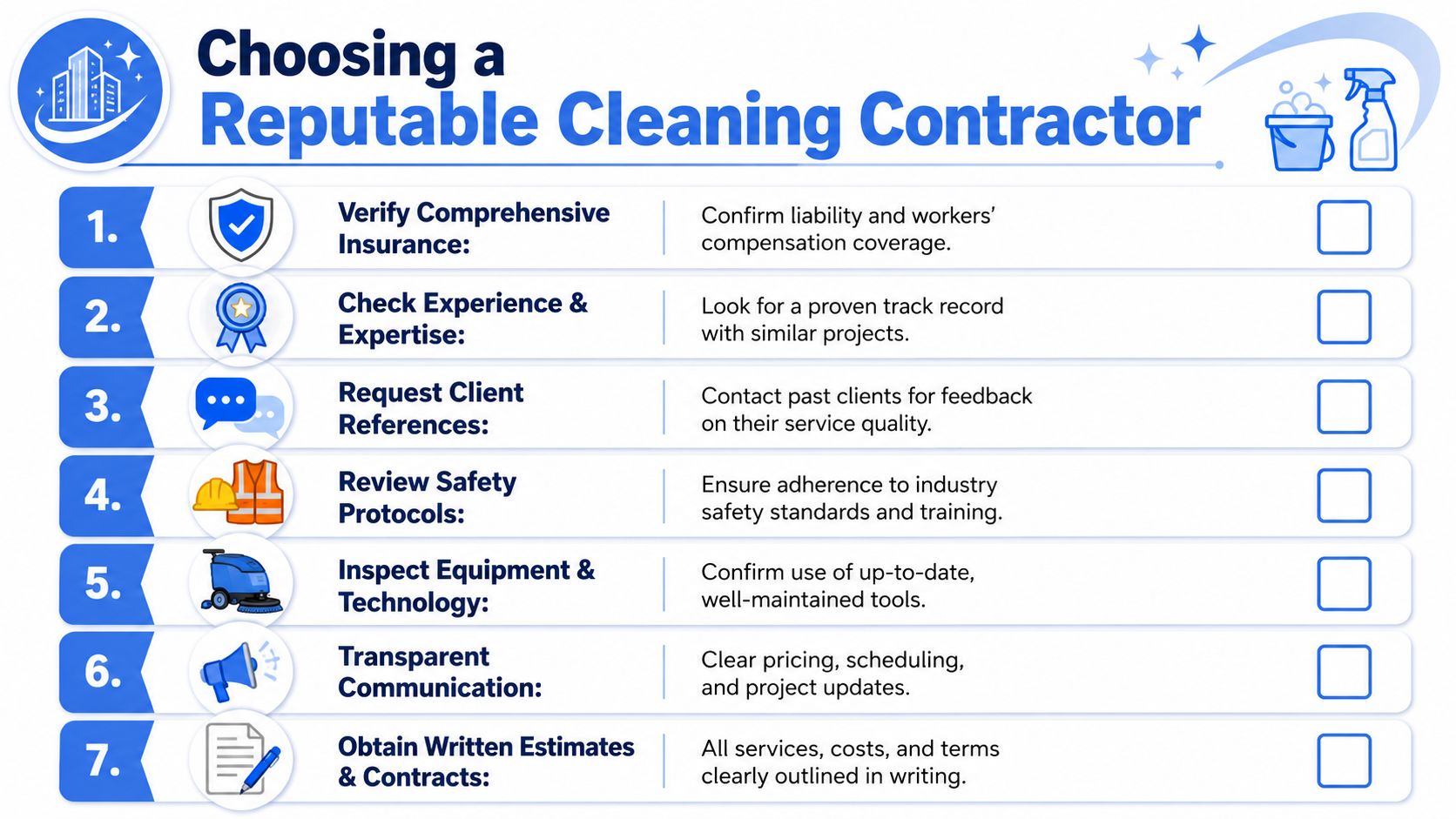A checklist infographic titled Choosing a Reputable Cleaning Contractor for businesses listing seven essential evaluation steps.