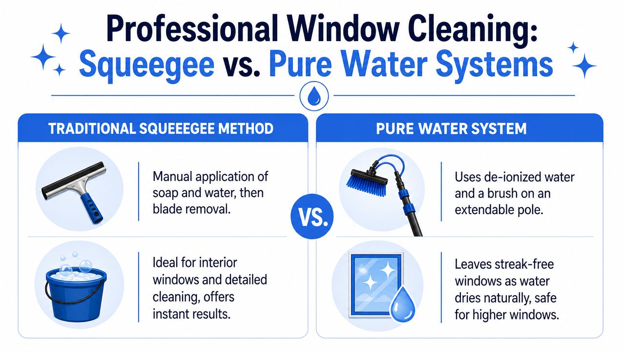 An infographic comparing traditional squeegee cleaning methods with modern pure water pole systems for windows.