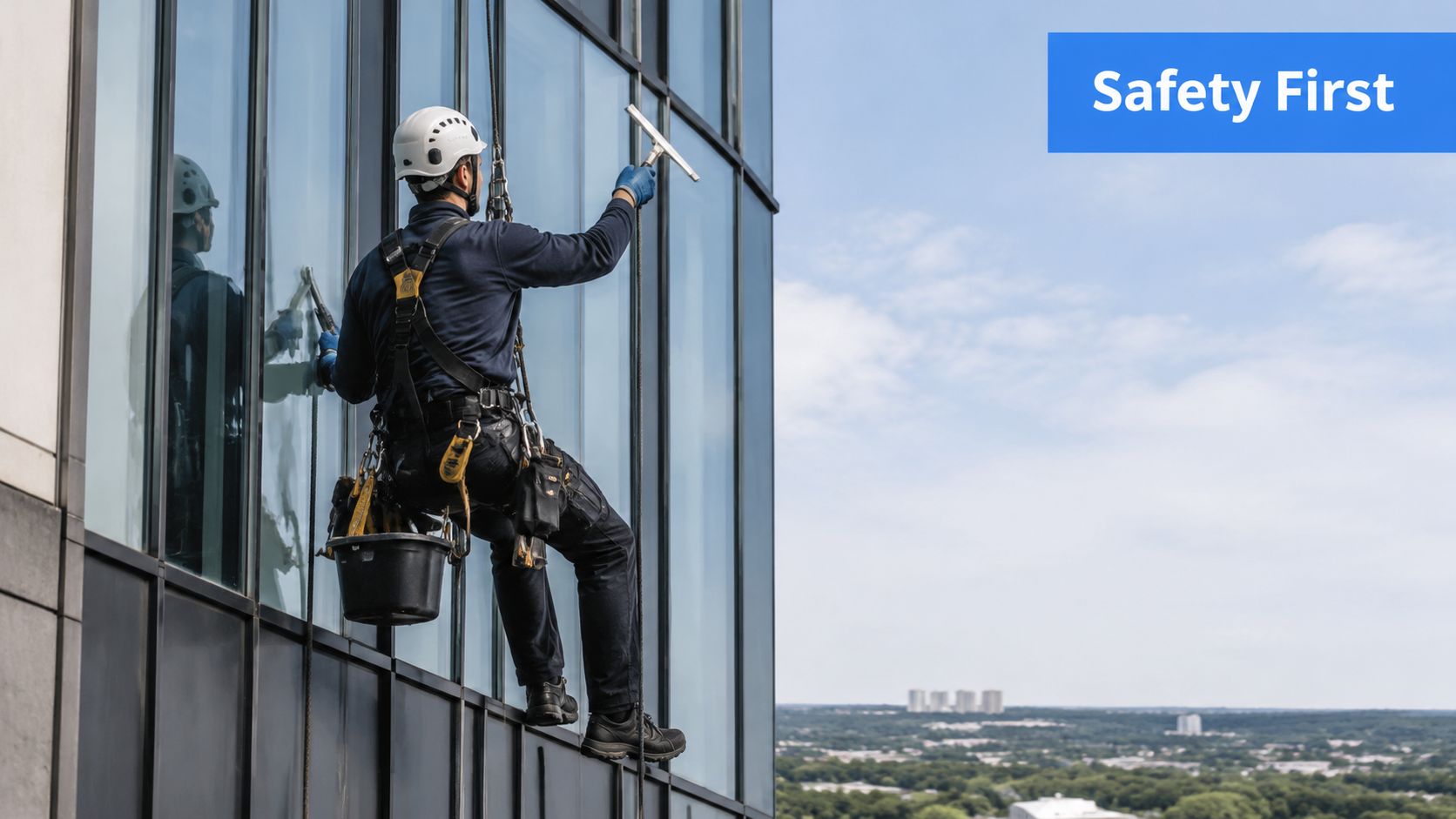 A professional window cleaner hanging from ropes on a high-rise building cleaning the glass surface.