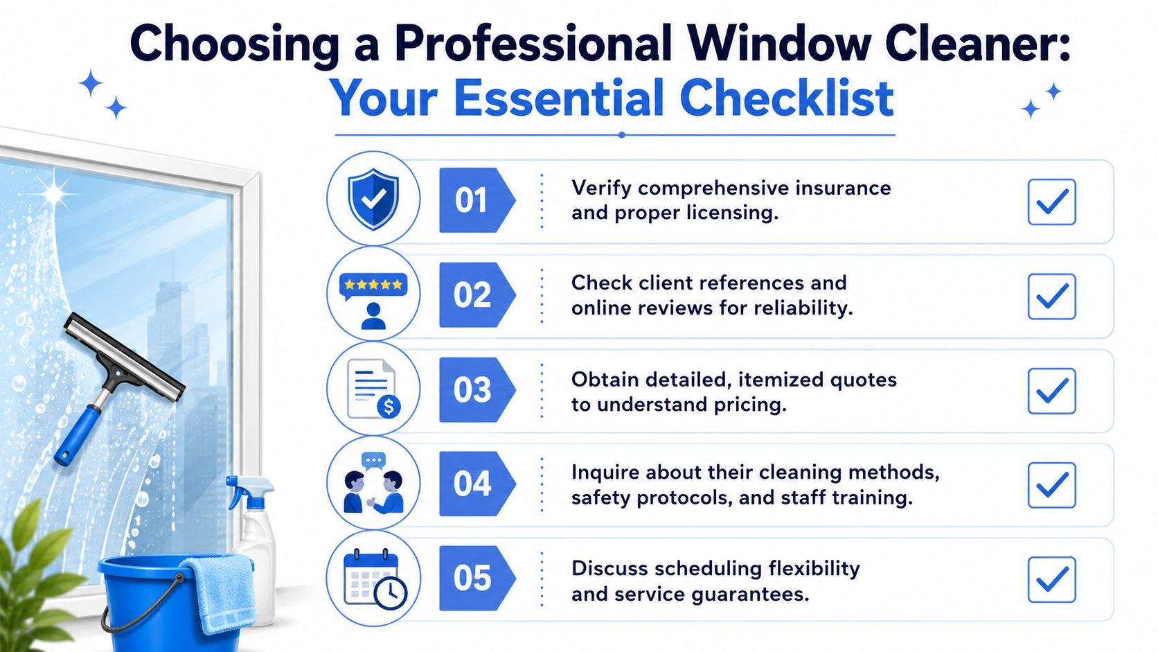 A checklist infographic titled Choosing a Professional Window Cleaner with five essential steps for hiring help.