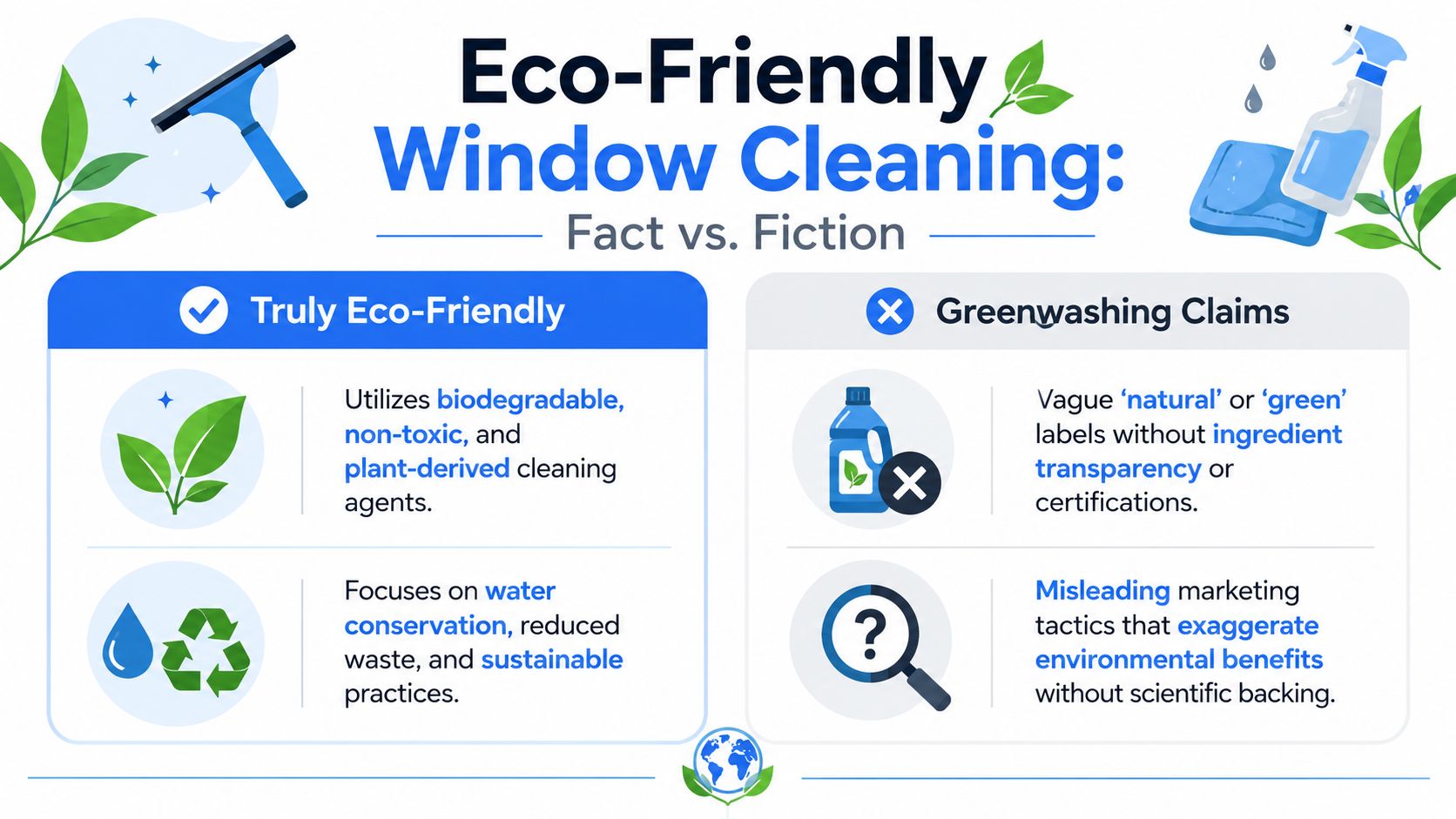 An infographic comparing truly eco-friendly window cleaning practices versus deceptive greenwashing marketing claims.