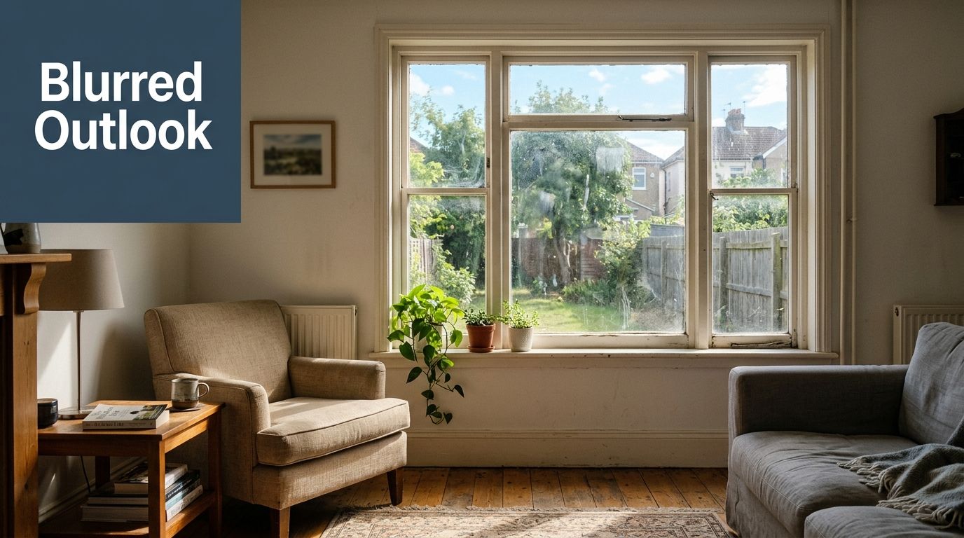A cozy living room with a large window looking out onto a backyard with a garden.