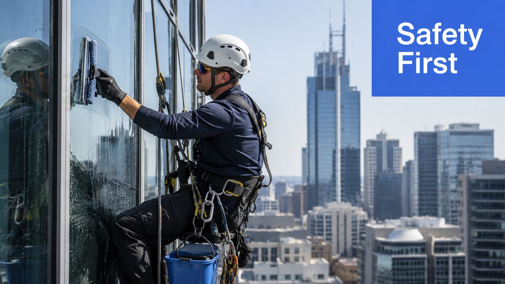 A professional window cleaner using safety ropes and equipment to wash high-rise building windows in a city.