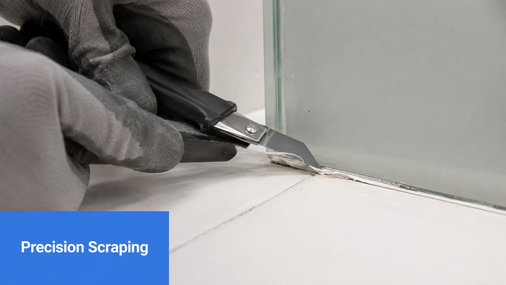 A person wearing work gloves uses a utility knife to precisely remove old silicone from a glass shower enclosure.