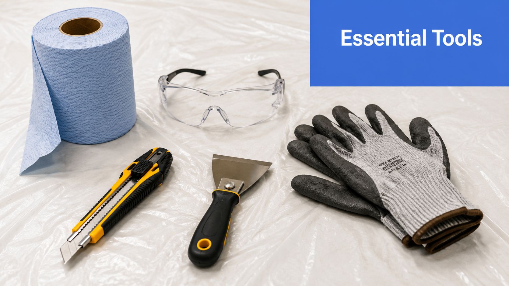 A flat lay of DIY home repair tools including a paper towel roll, safety glasses, utility knife, putty knife, and work gloves.