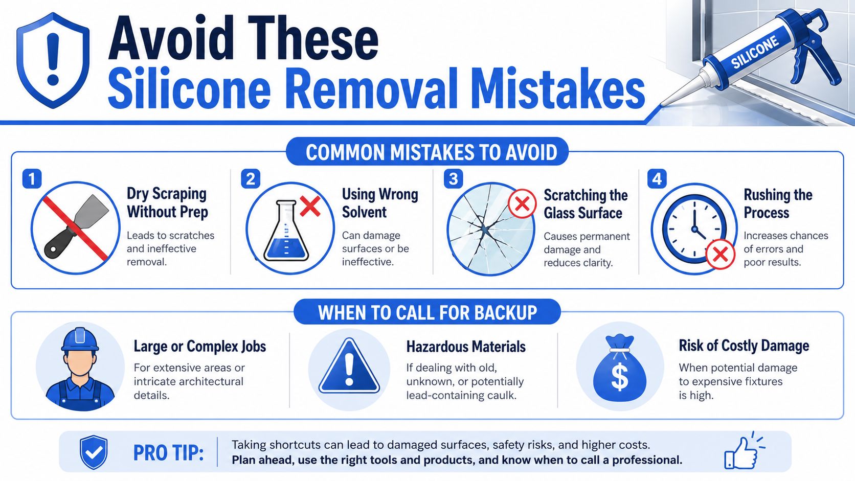 An infographic detailing common mistakes to avoid when removing silicone and when to call a professional.