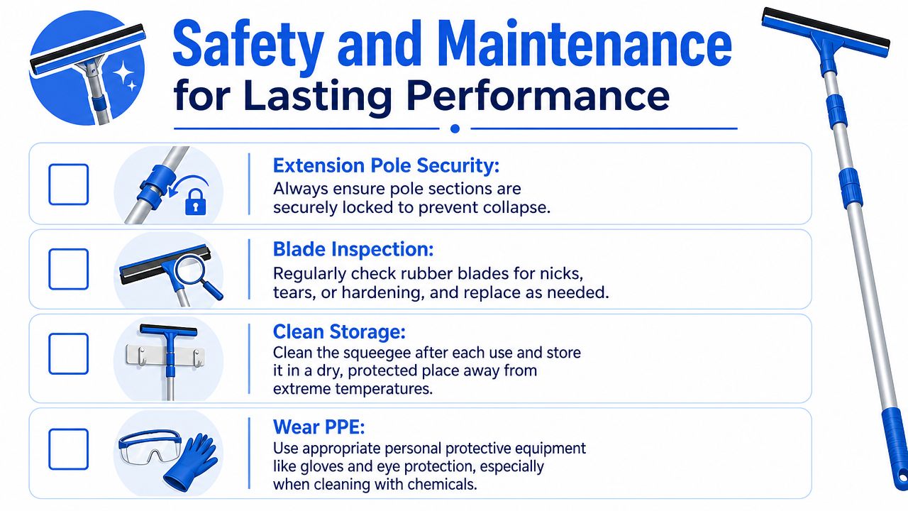 An instructional graphic titled Safety and Maintenance for Lasting Performance featuring a long handle squeegee tool.