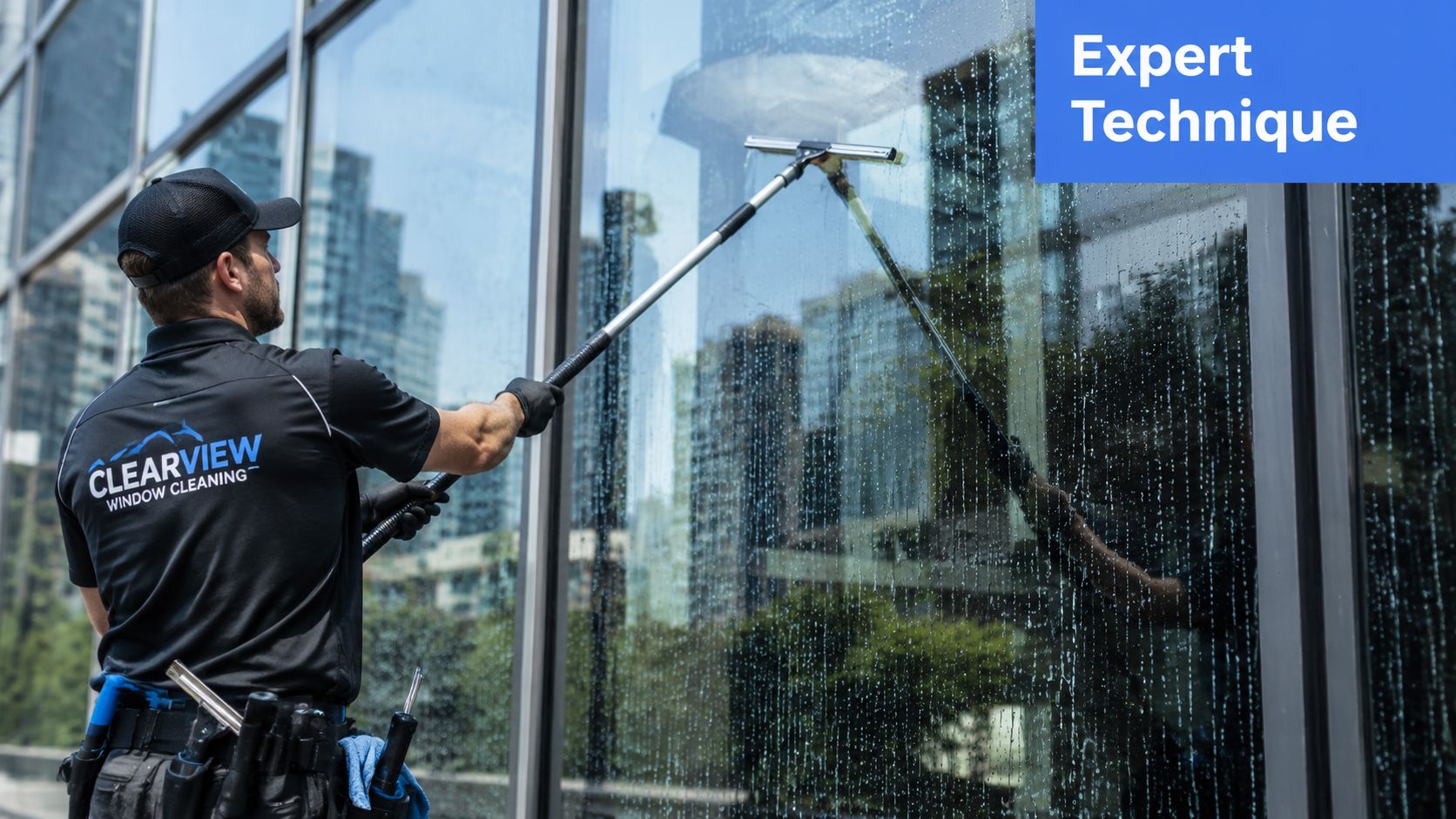 A professional window cleaner wearing a uniform uses a long handled squeegee on a glass building facade.