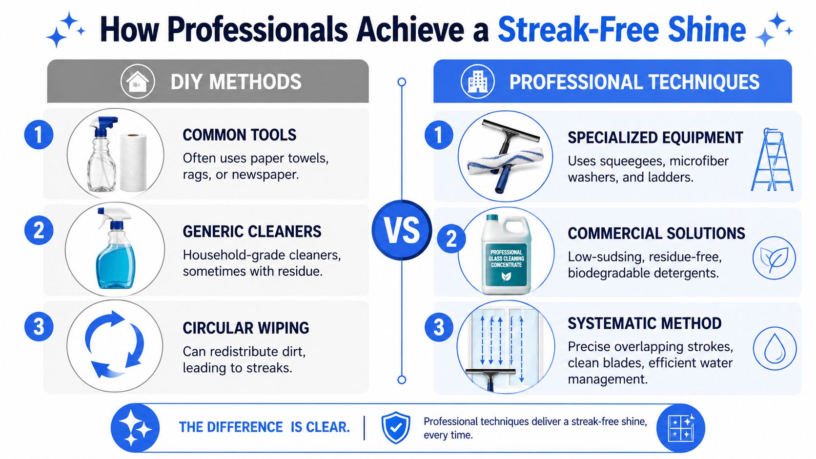 An infographic comparing DIY cleaning methods versus professional glass cleaning techniques to achieve a streak-free shine.