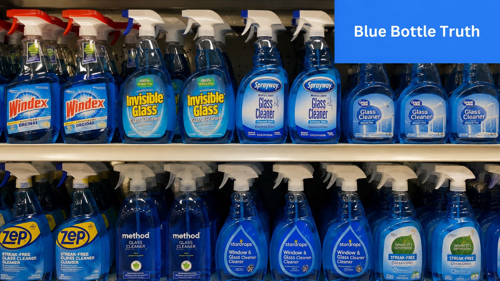 A store shelf filled with various blue liquid glass and window cleaner spray bottles in a supermarket.