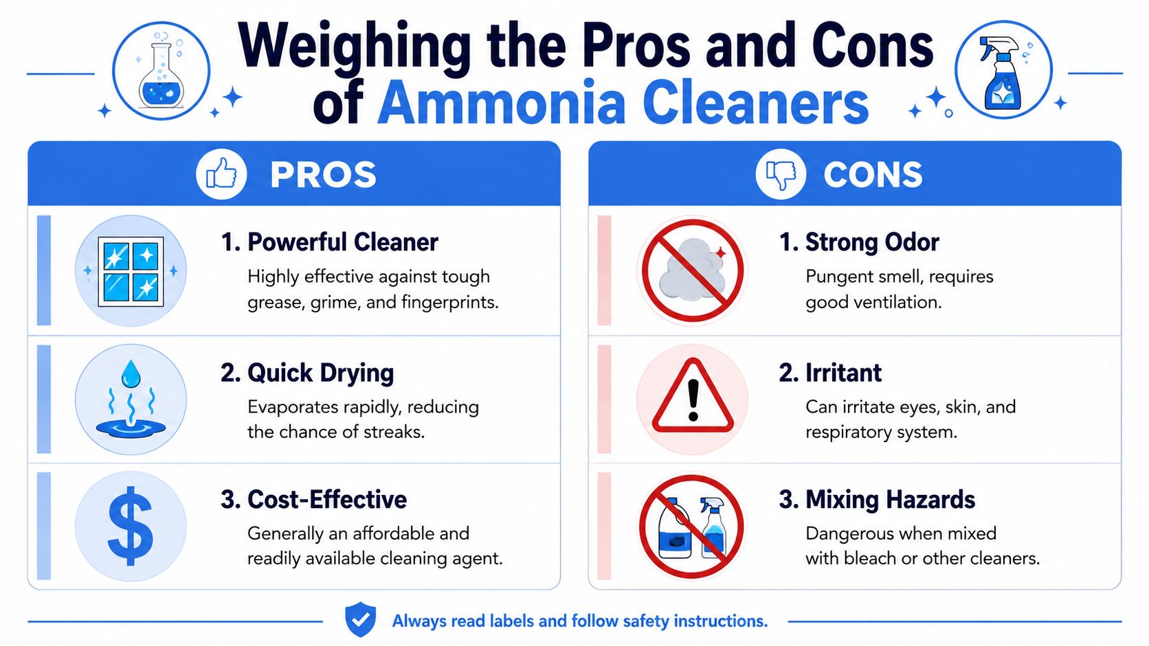 An infographic titled Weighing the Pros and Cons of Ammonia Cleaners, highlighting benefits and safety risks.