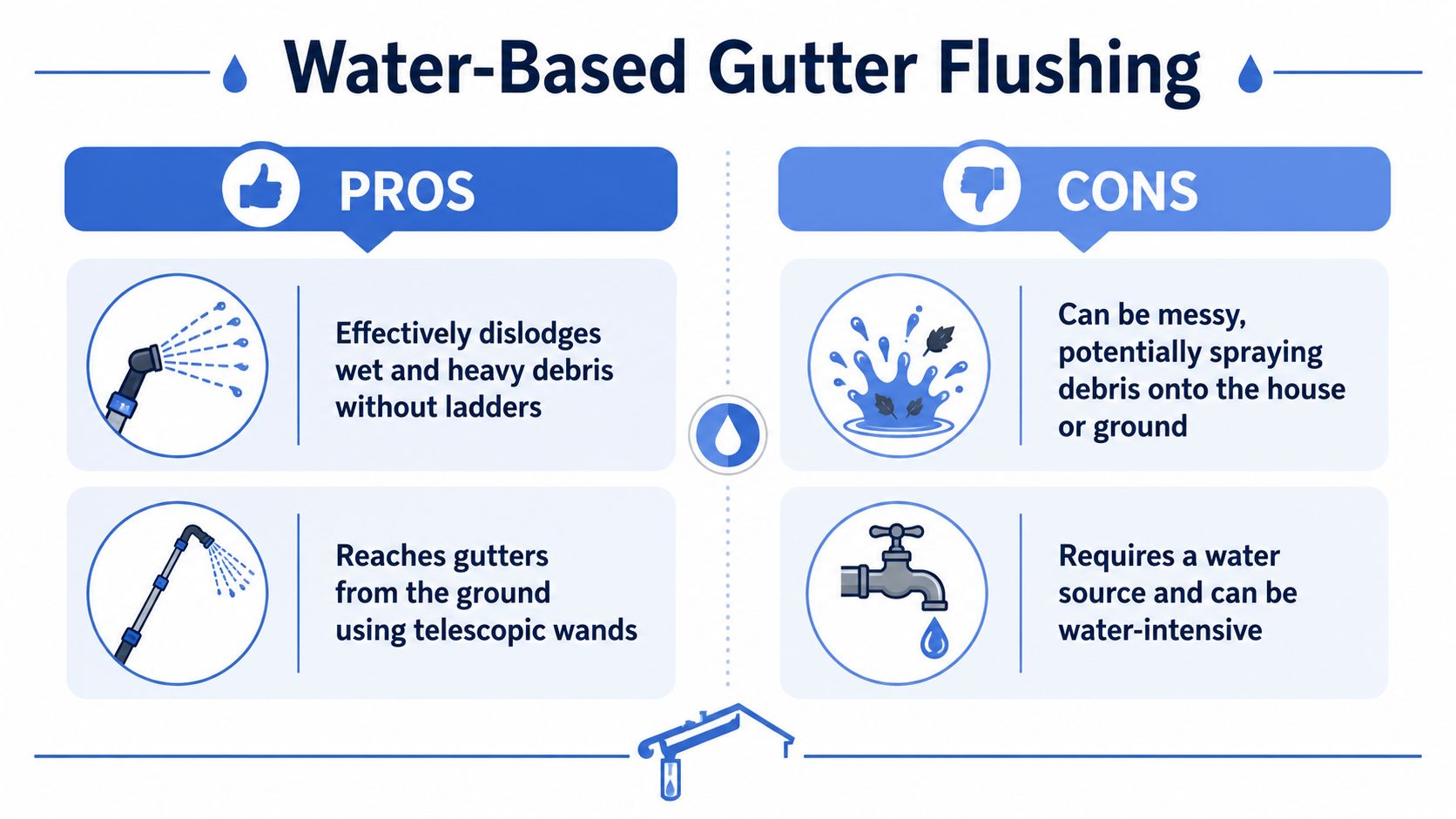 An infographic showing the pros and cons of using water-based flushing methods to clean rain gutters.