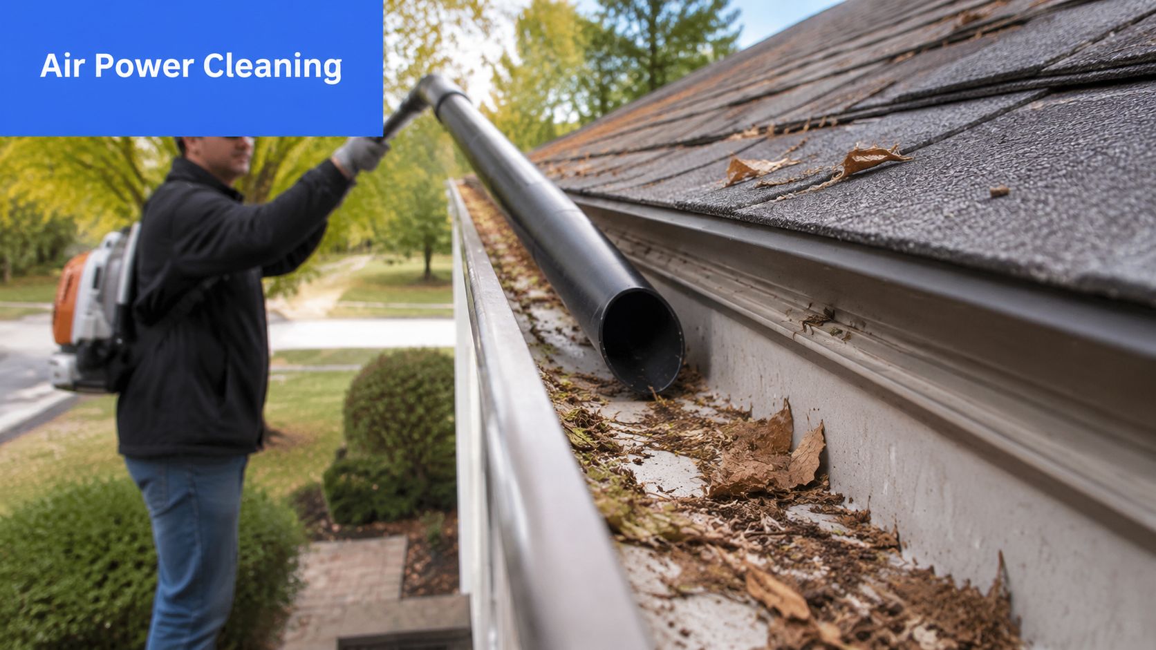 A professional using a leaf blower with an extension tube to clean leaves from roof gutters.