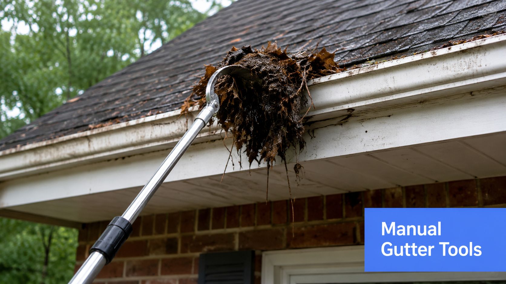 A person using an extendable gutter tool to manually clear wet debris from a residential roof gutter.