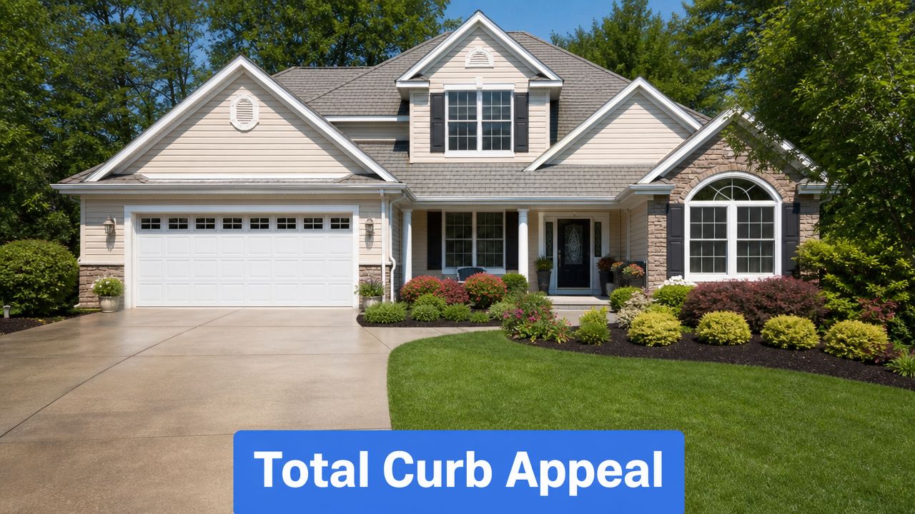A beautiful suburban house with a clean concrete driveway reflecting excellent pressure washing maintenance services.