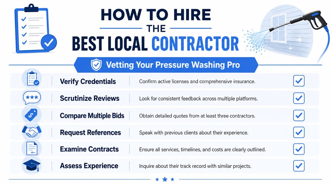 A checklist infographic detailing how to hire and vet the best local professional pressure washing contractor.