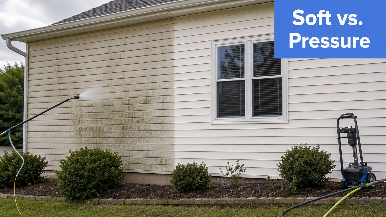 A house exterior wall being cleaned with a pressure washer, showing the contrast between dirty and clean siding.