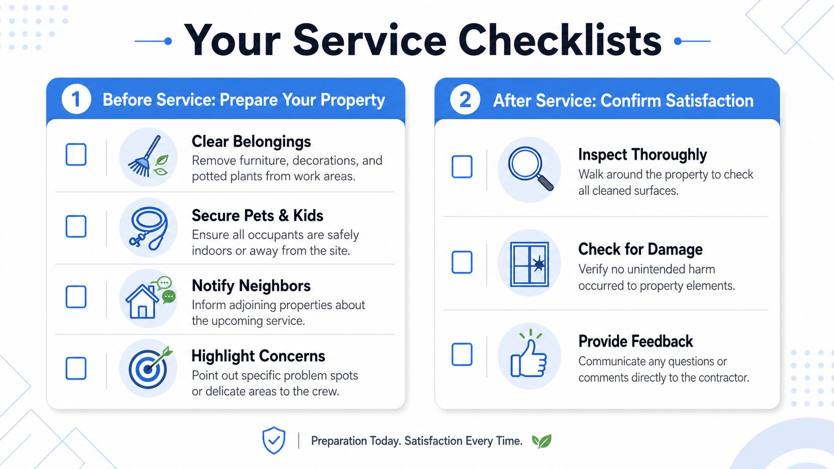 A service checklist for customers preparing for a professional property cleaning or pressure washing service.