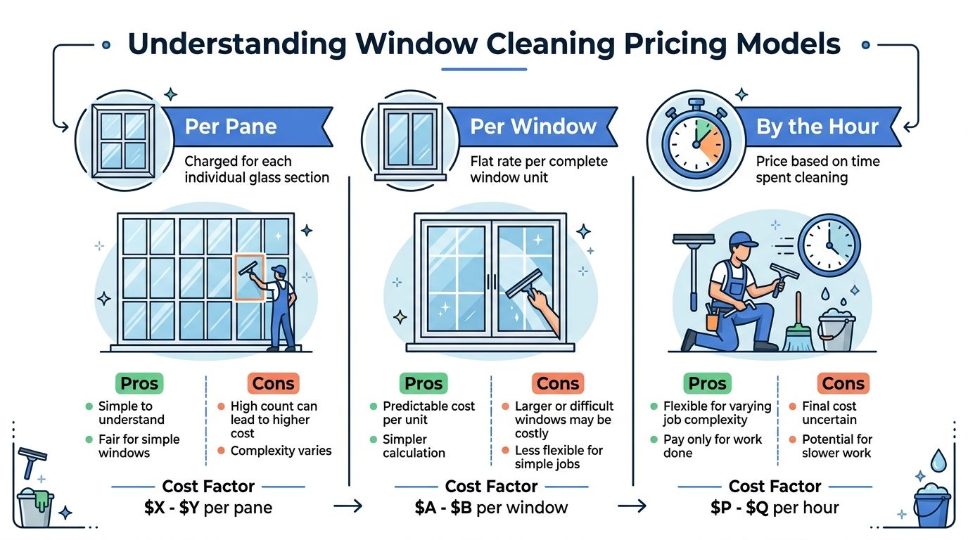 An infographic illustrating three common window cleaning pricing models: per pane, per window, and by the hour.