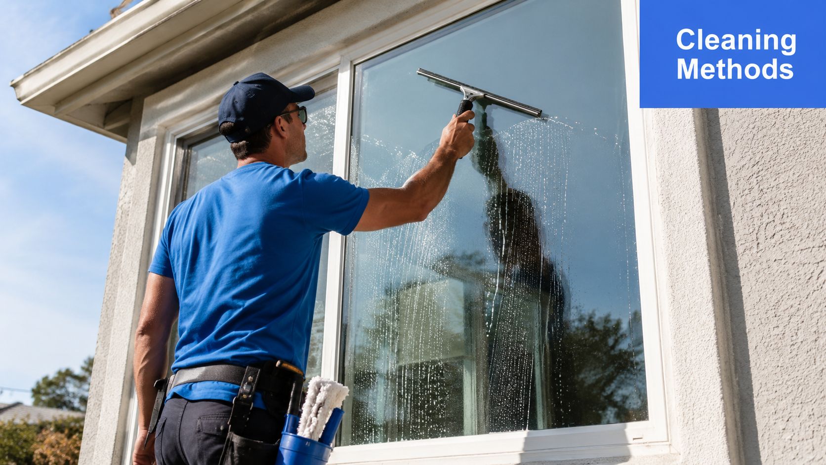 A professional window cleaner wearing a blue uniform using a squeegee to clean a glass window.
