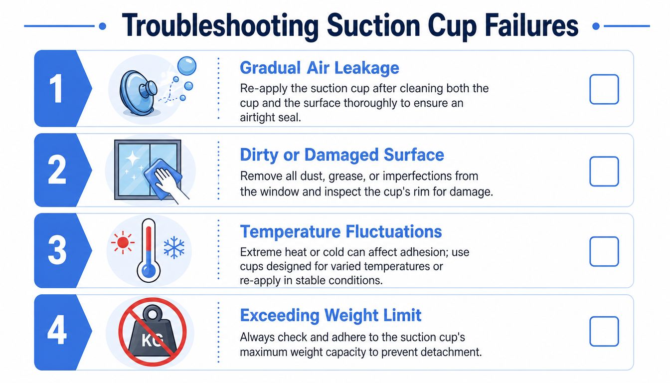 An infographic titled Troubleshooting Suction Cup Failures showing four steps to resolve common suction cup problems.