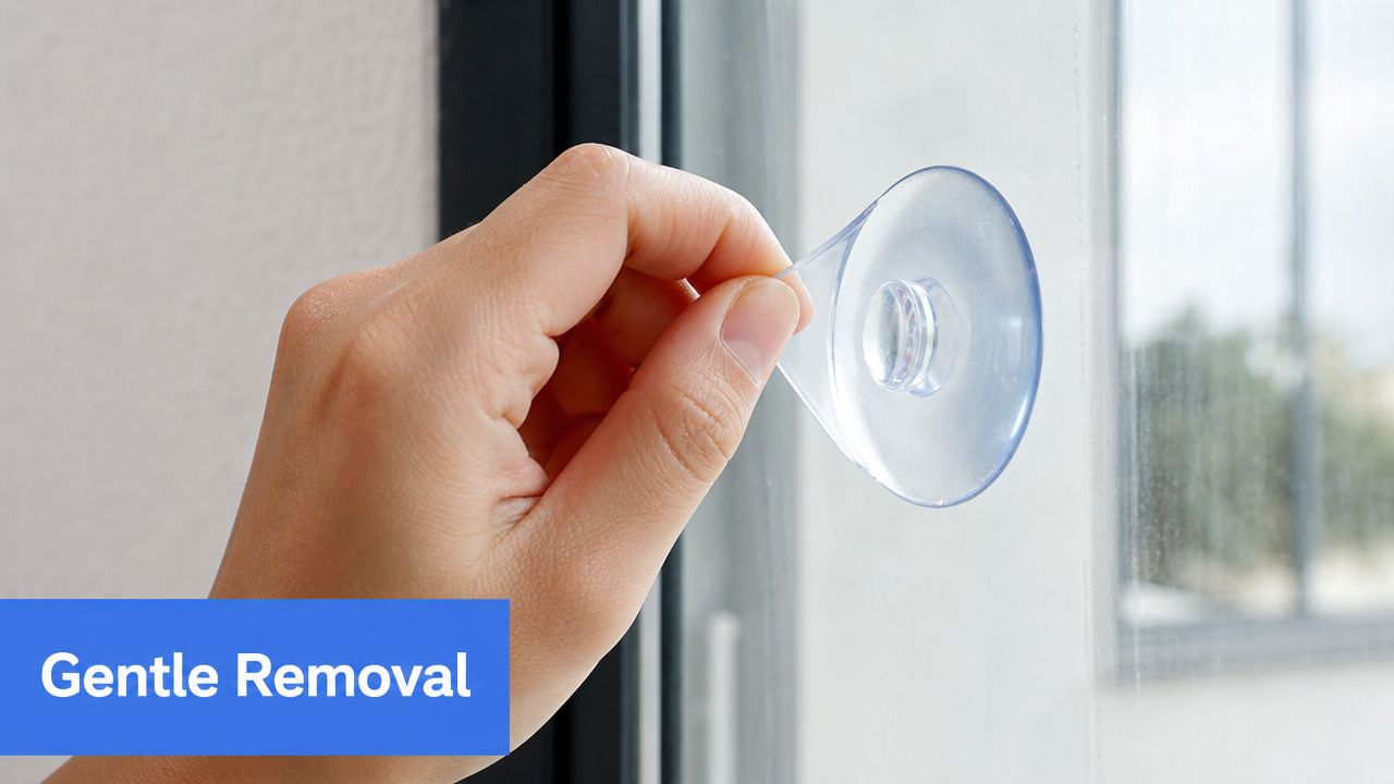 A hand gently lifting the edge of a clear suction cup attached to a glass window pane.