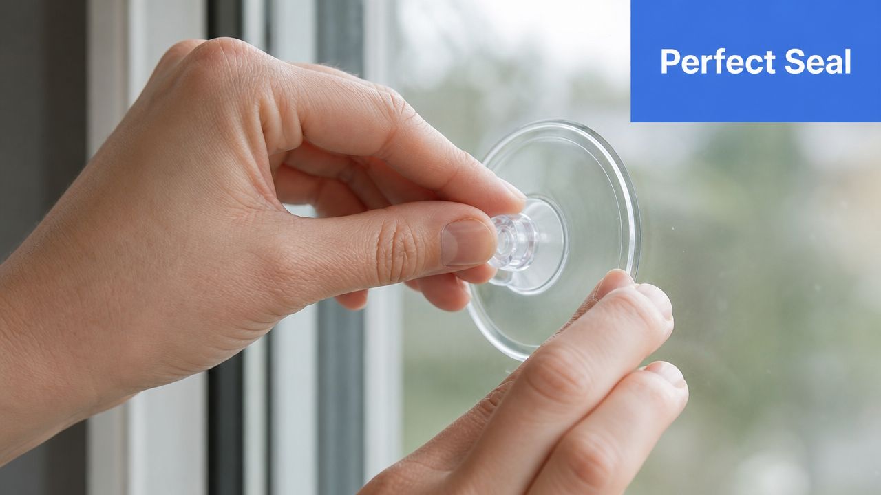 A close-up view of a person pressing a clear suction cup onto a smooth glass window surface.