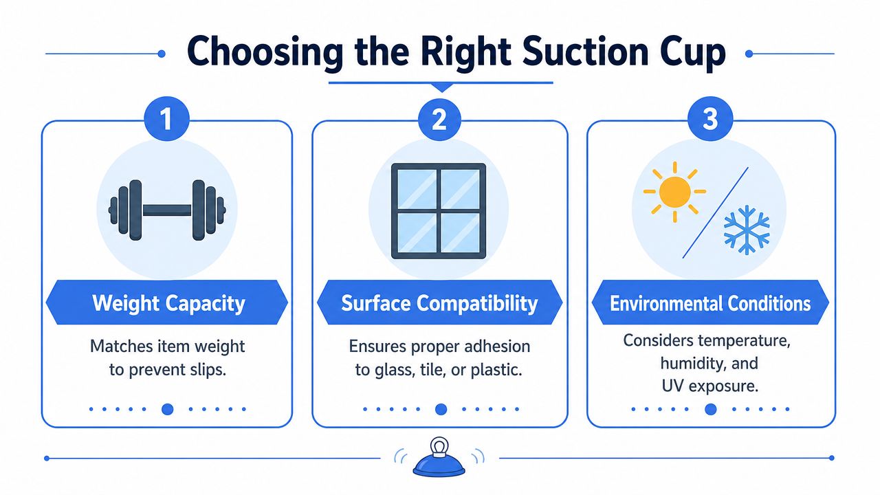 An infographic titled Choosing the Right Suction Cup listing three key factors: weight capacity, surface compatibility, and environmental conditions.