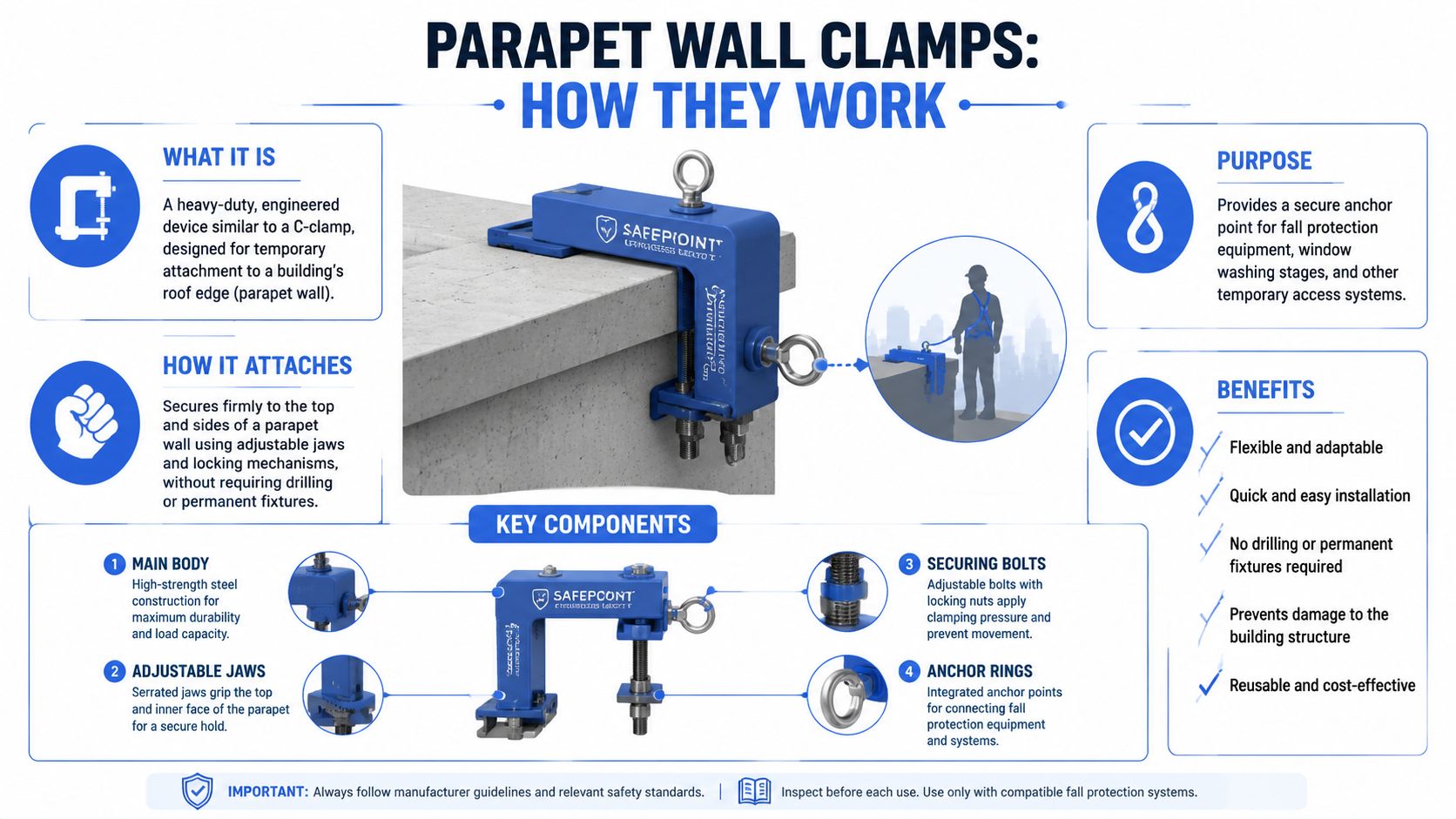 A detailed infographic explaining how safety parapet wall clamps work to provide secure fall protection anchor points.