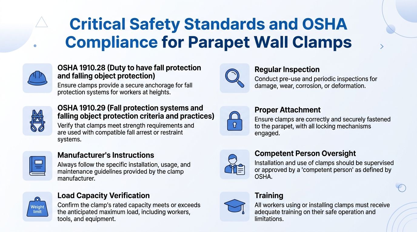An infographic detailing OSHA compliance and safety standards for using parapet wall clamps in construction work.