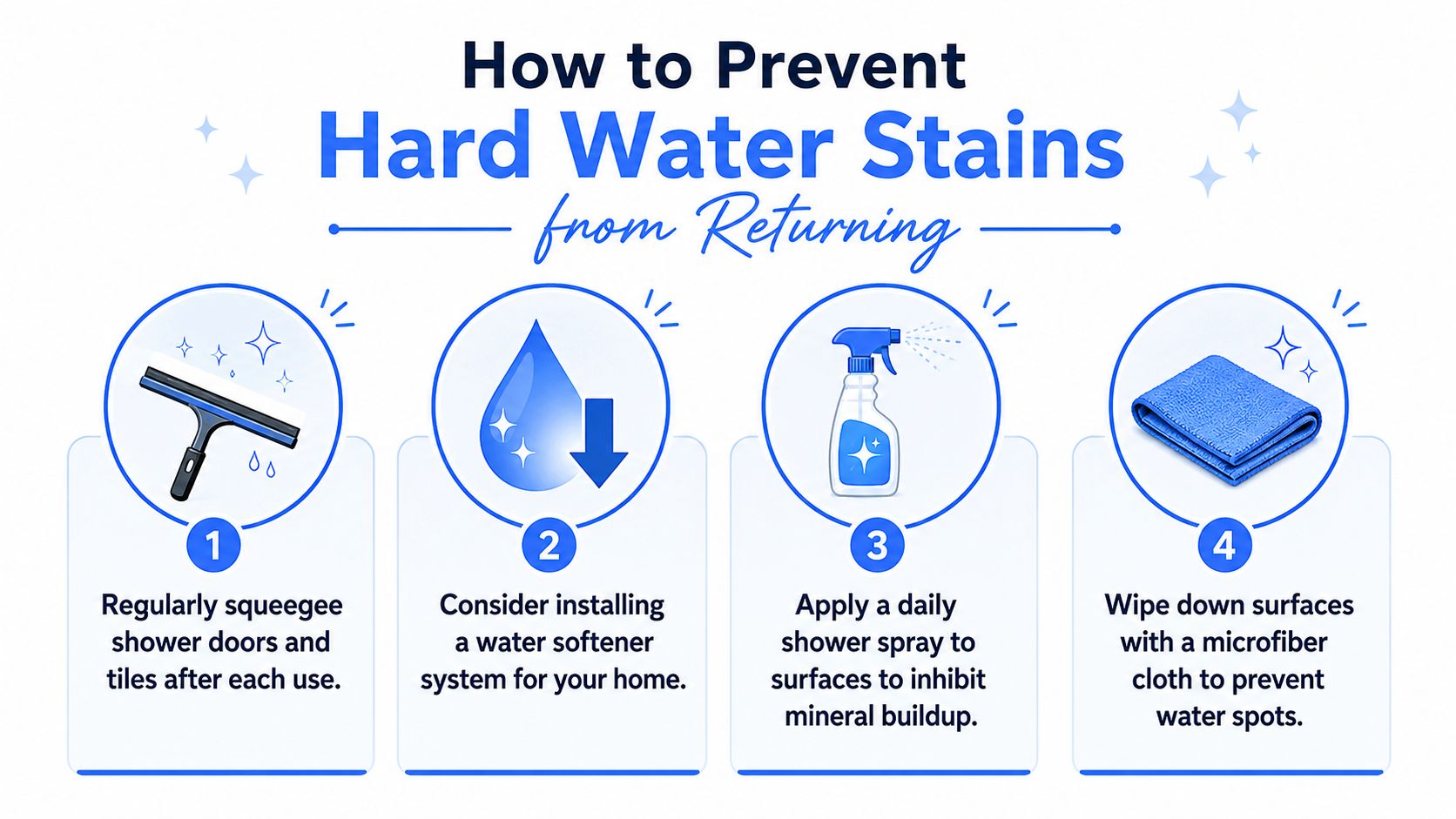 An infographic showing four steps to prevent hard water stains on shower surfaces and bathroom tiles.