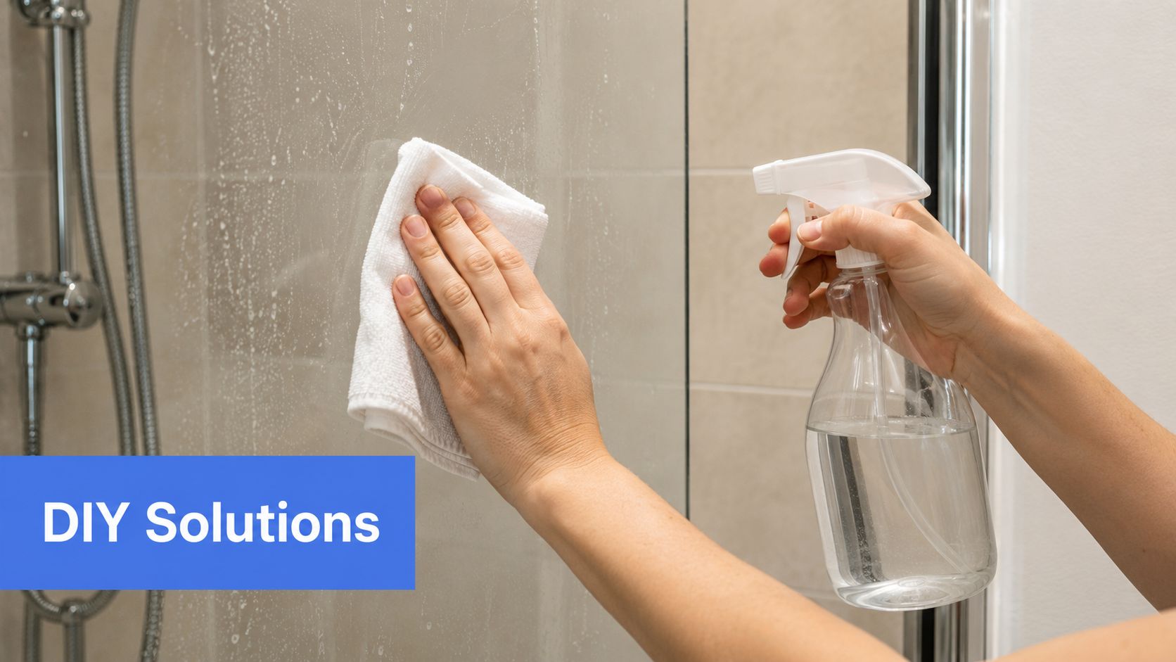 A person wiping away hard water stains from a glass shower door with a microfiber cloth.