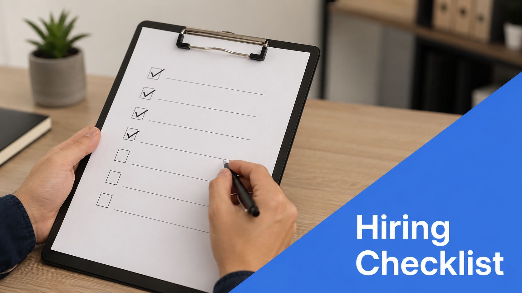 A person filling out a hiring checklist on a clipboard while sitting at a wooden desk.