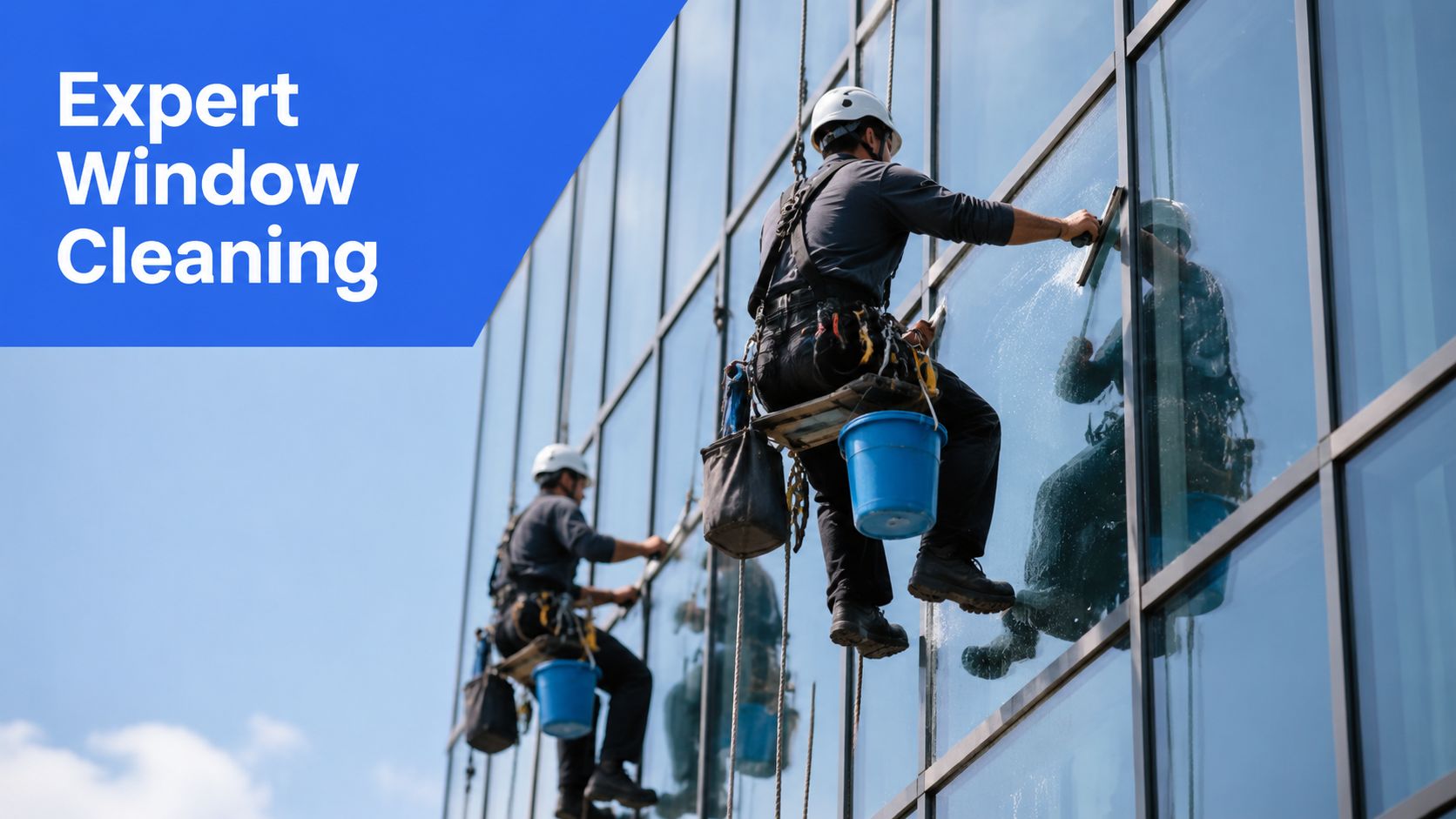 Two professional window cleaners hanging on ropes while cleaning the glass facade of a commercial skyscraper.