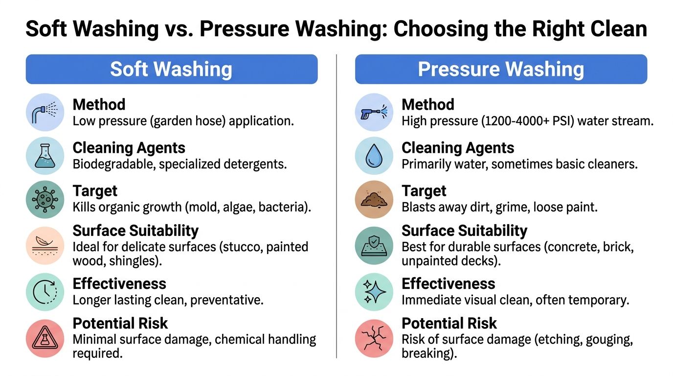 A comparison chart outlining the key differences between soft washing and pressure washing cleaning methods.