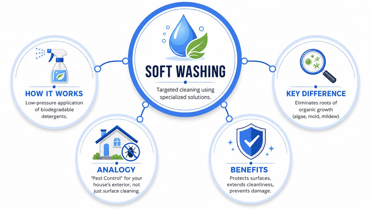 An infographic explaining the soft washing process, its benefits, key differences from pressure washing, and common analogies.