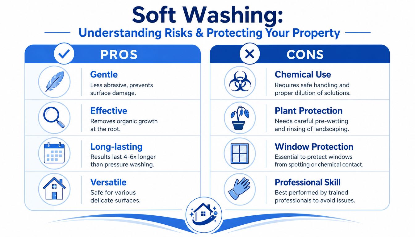 An infographic comparing the pros and cons of soft washing for property exterior cleaning and maintenance.