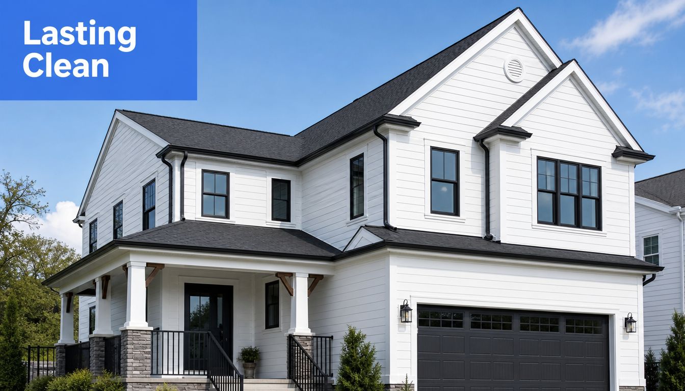 A modern two-story white farmhouse with black trim and windows, a front porch, and a garage.