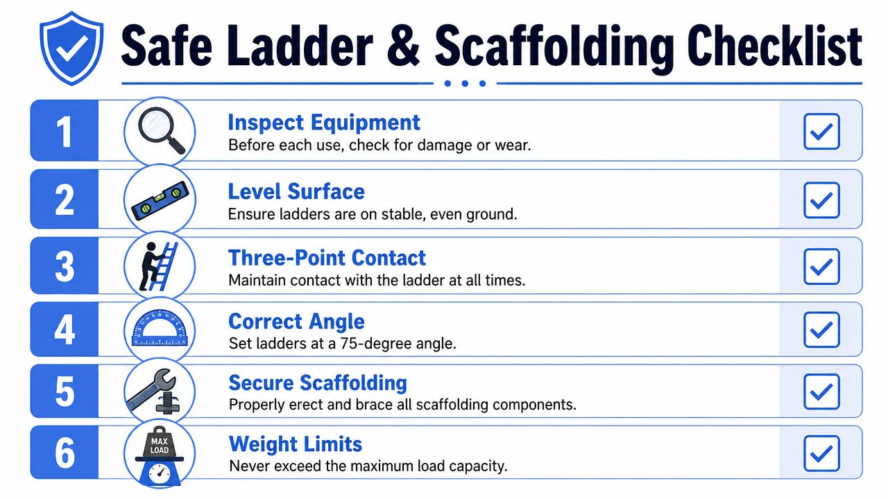 A safety checklist infographic for ladders and scaffolding equipment featuring six essential best practice points.
