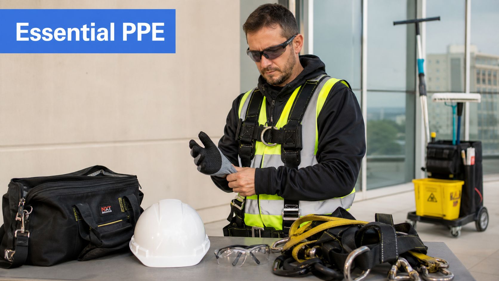 A professional window cleaner wearing a safety harness and preparing his personal protective equipment on a work surface.