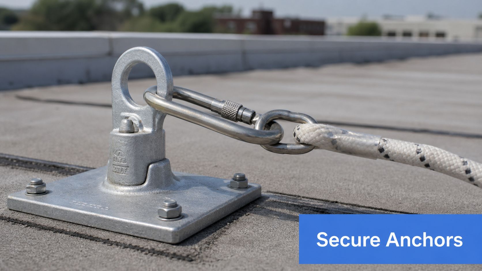 A close up view of a metal roof anchor point secured with a rope and carabiner.