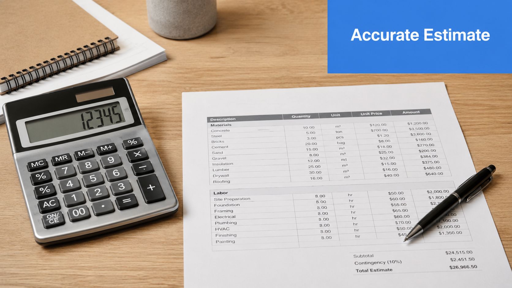 A calculator and pen placed on a desk with a printed construction cost estimate sheet.